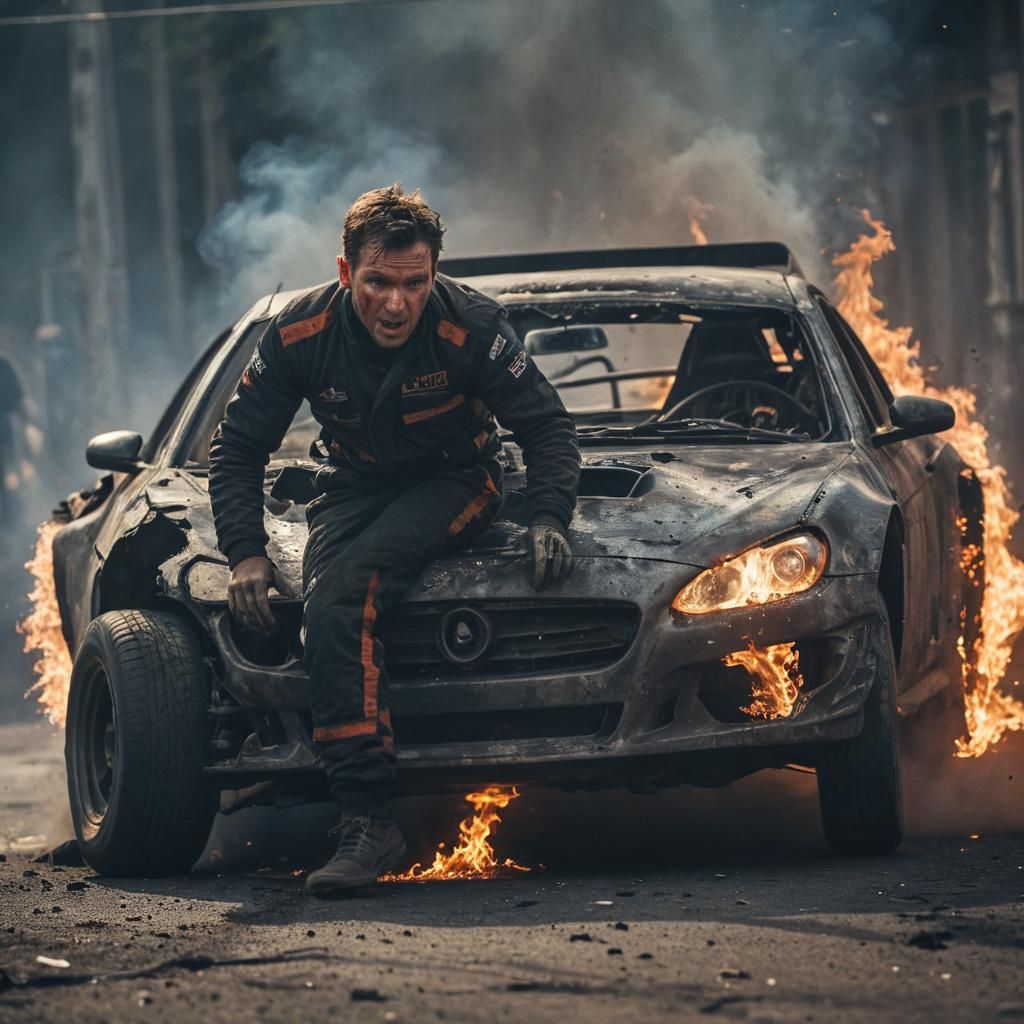 Intense Race Car Crash Escape in Action Photography
