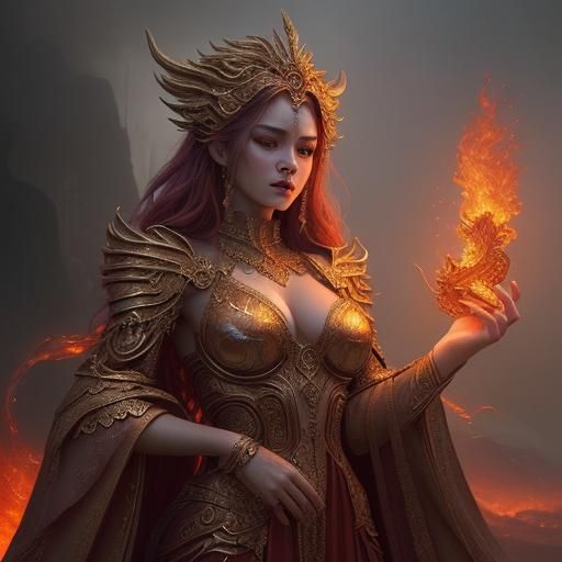 Elegant Fire Goddess in Digital Matte Painting