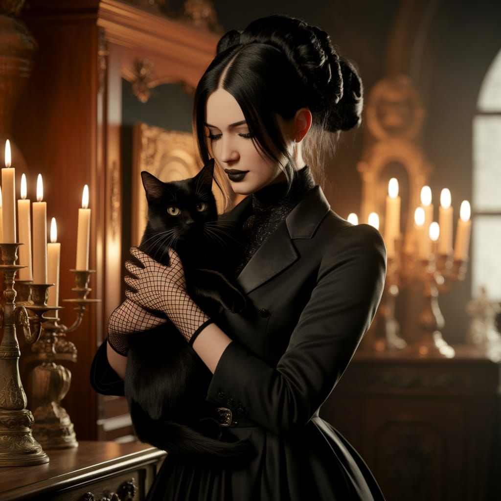 Gothic Woman with Cat in Victorian Setting