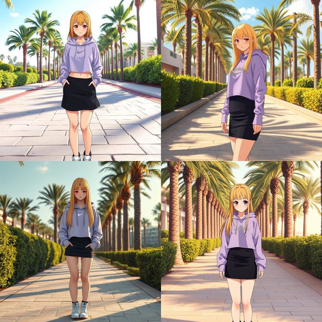 Elegant Anime Woman Strolls Under Palm Trees in a Modern Res...