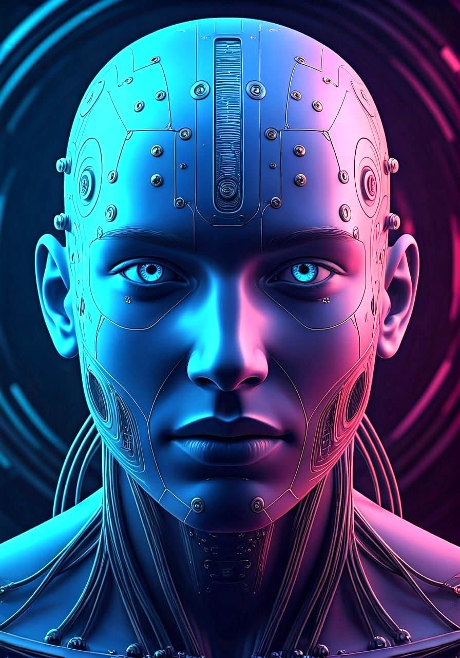 Cybernetic Humanoid Head in Vibrant Blue and Purple Hues