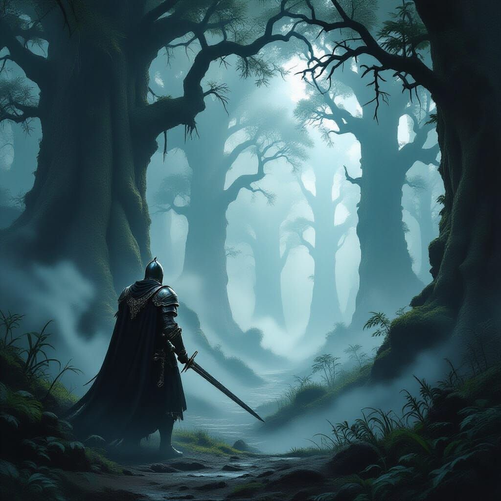 Knight at Foggy Forest Edge in Dark Fantasy Style
