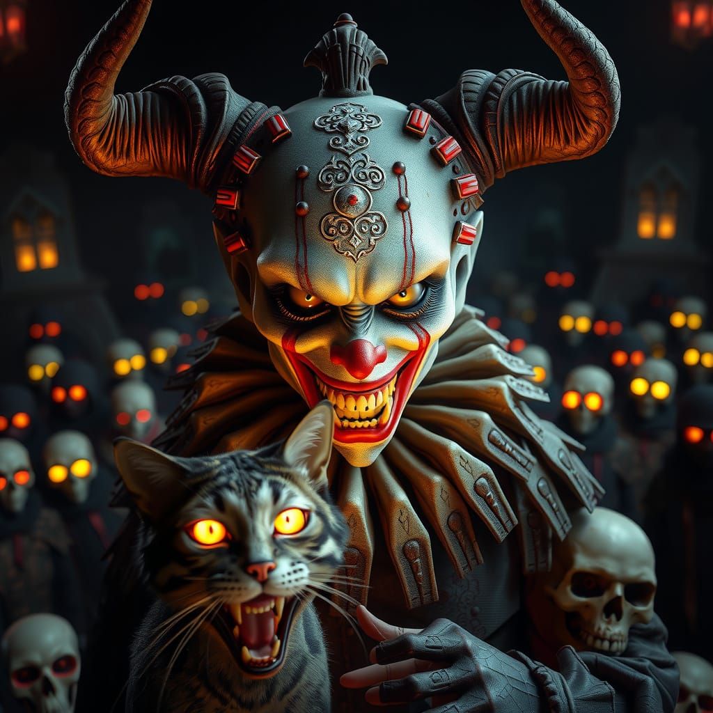 Menacing Clown Figure in Dark Fantasy Setting