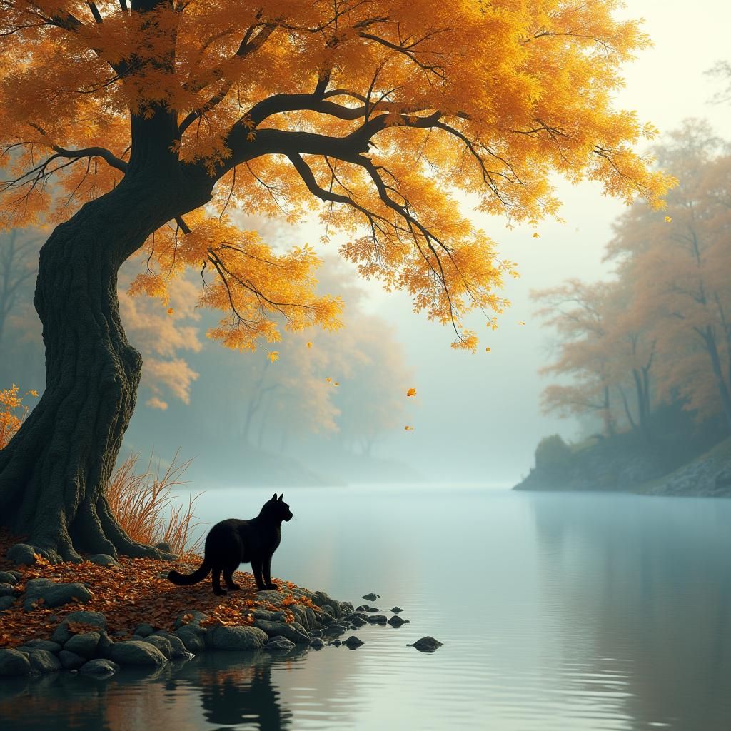 Autumn Lake Scene with Black Cat in Fantasy Art Style