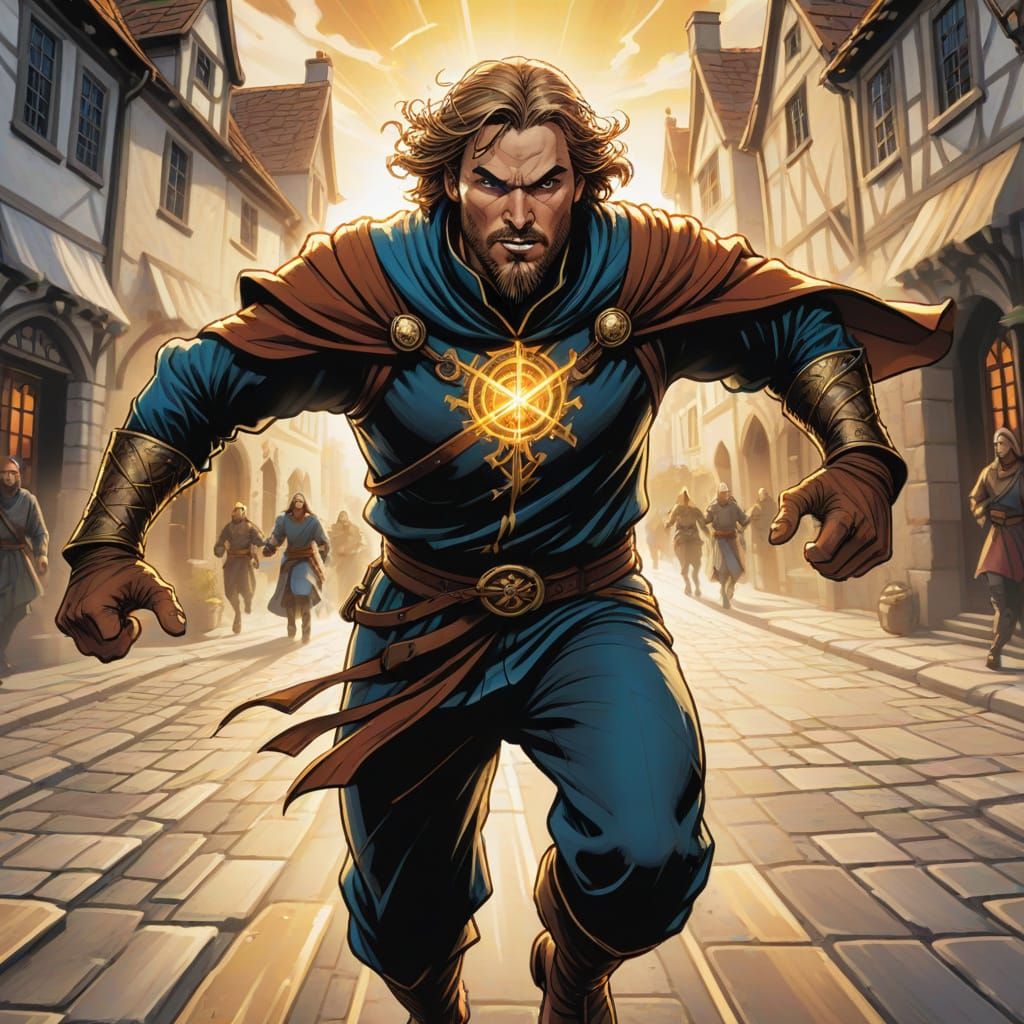 Energetic Mage Sprinting in Comic Book Style