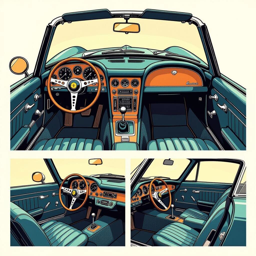 Vintage Car Interior Diagram in Comic Style
