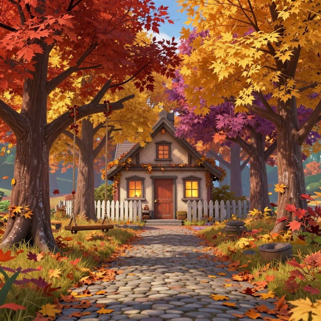 Cozy Autumn Cottage Pathway with Arching Trees