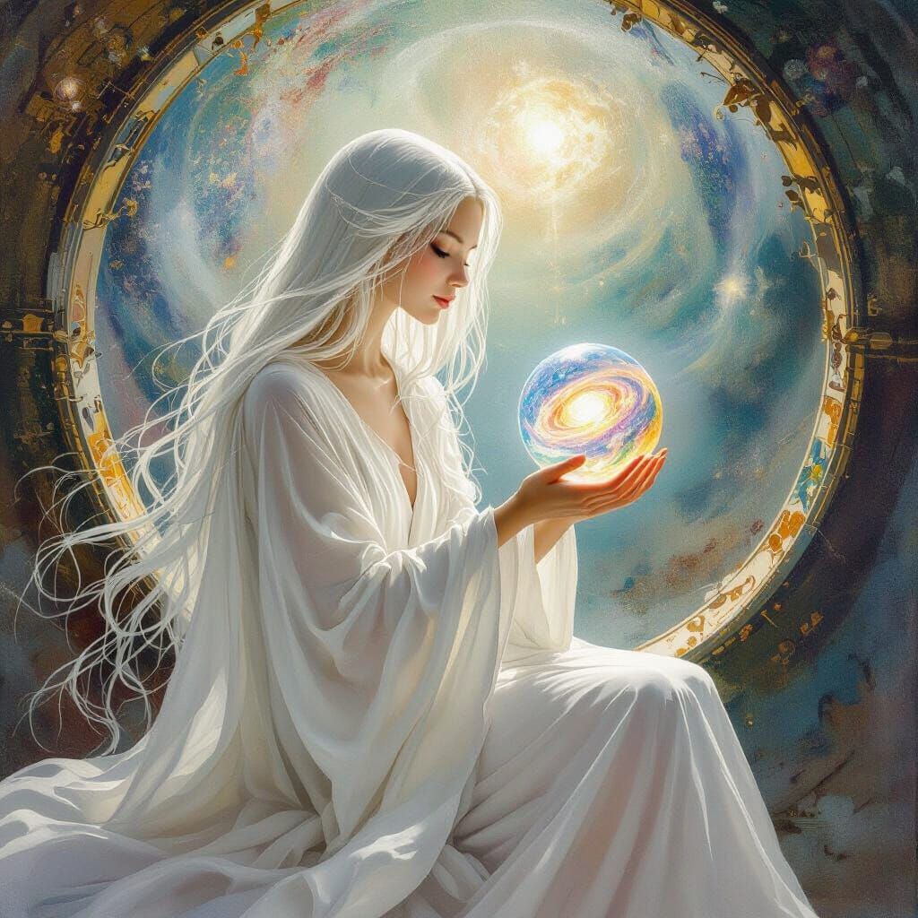 Ethereal Woman Cradles Universe Orb, Synthetism Style