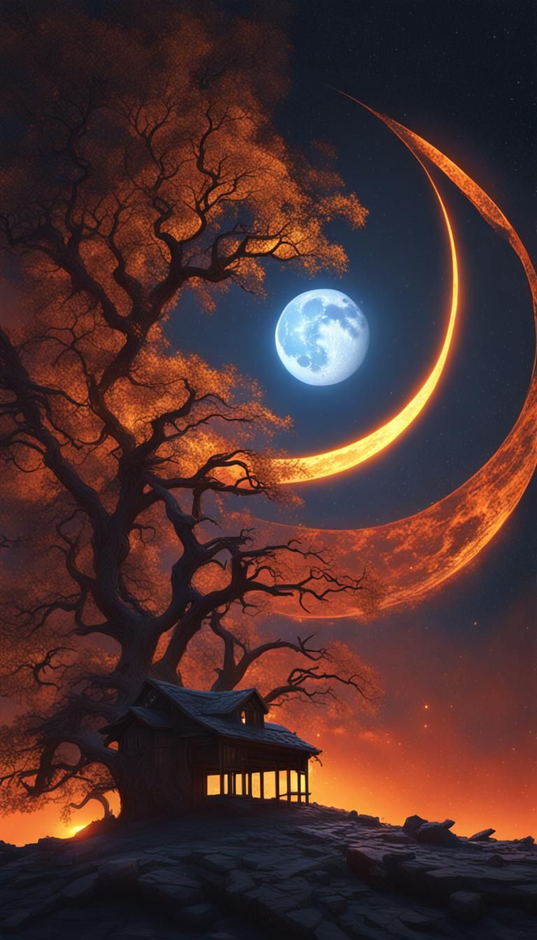 Vibrant Eclipse with Moon and Stars in Digital Art