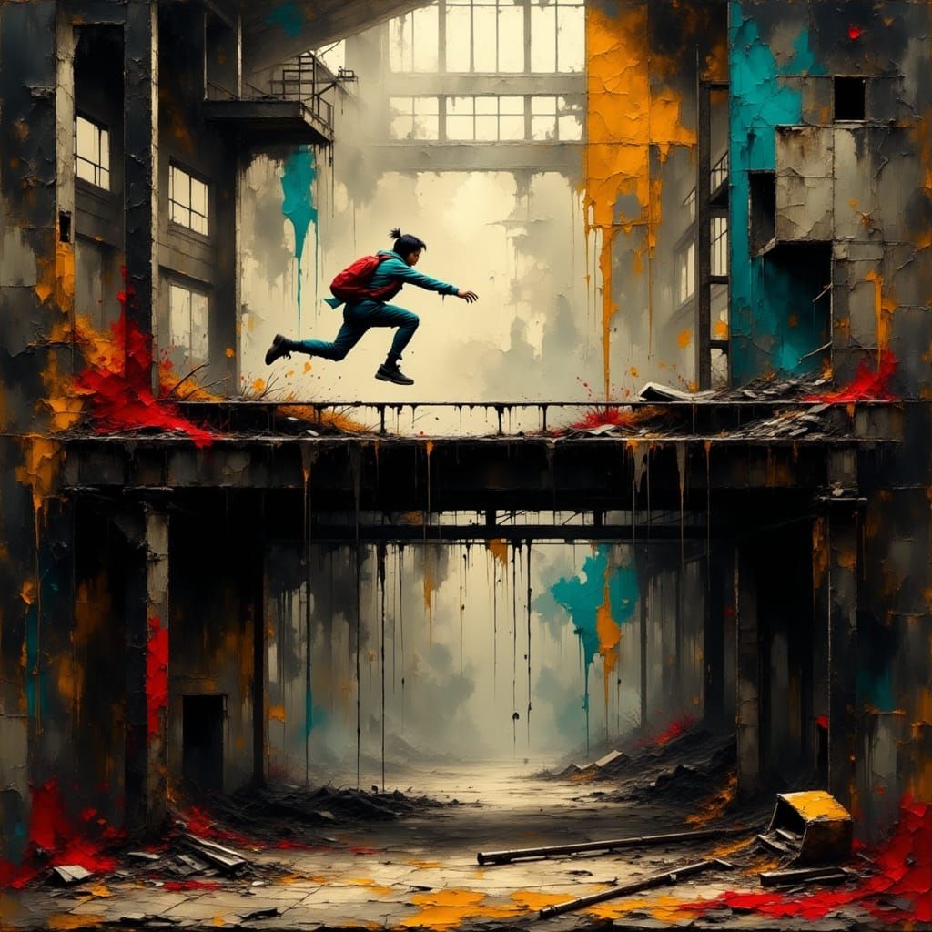 Grunge Parkour Runner Leaps Across Abandoned Steel Mill