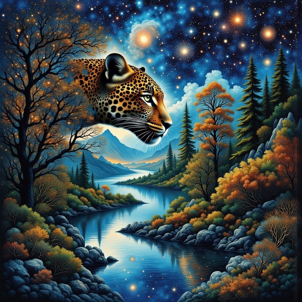Leopard Double Exposure Under Starry Skies