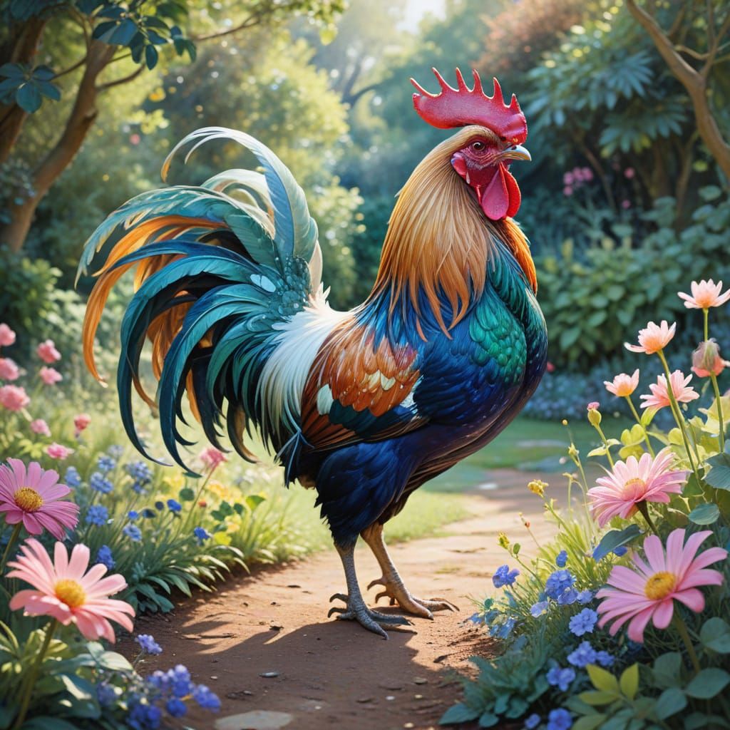 Whimsical Watercolour Rooster in a Vibrant Garden