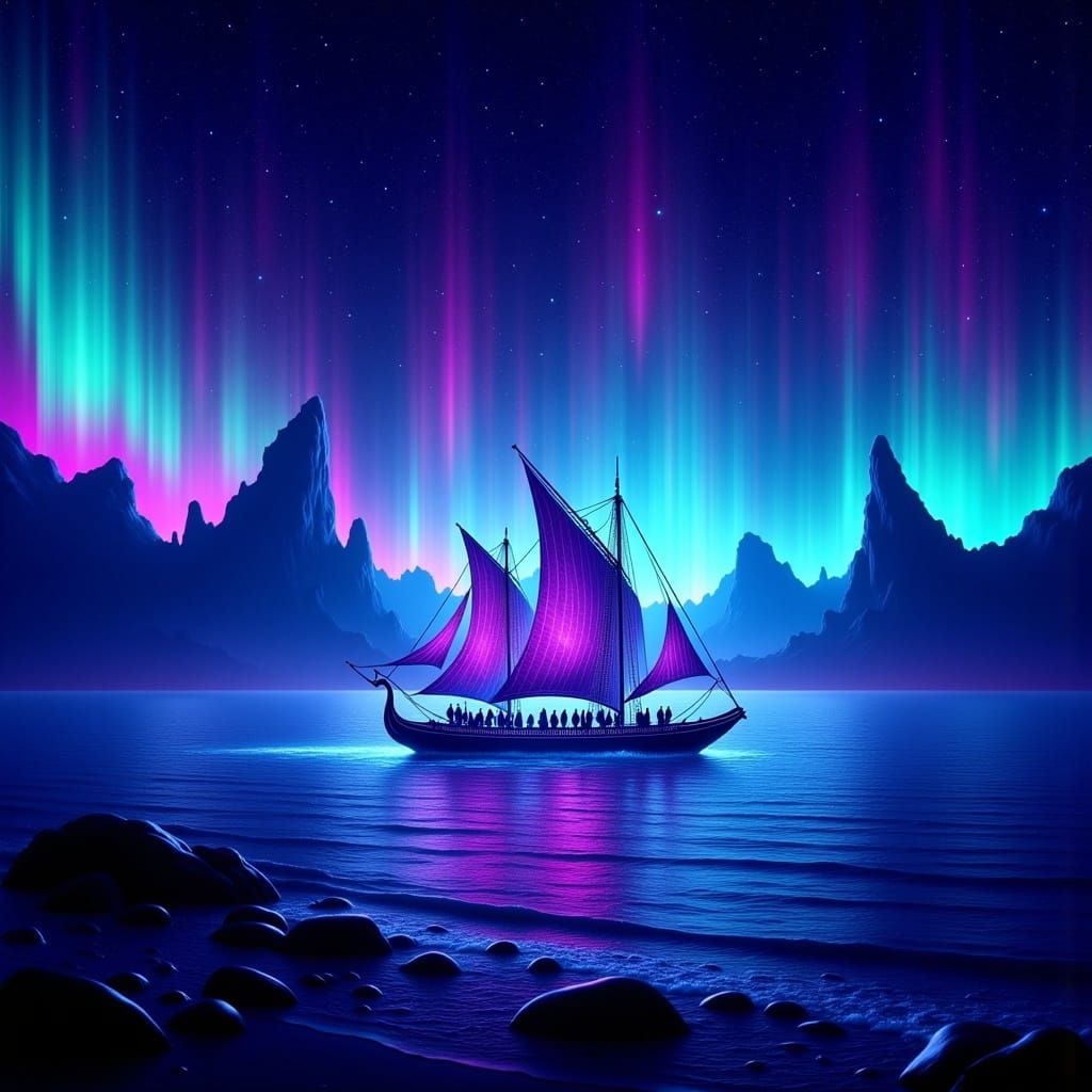 Aurora Borealis Boat in Blacklight Concept Art Style