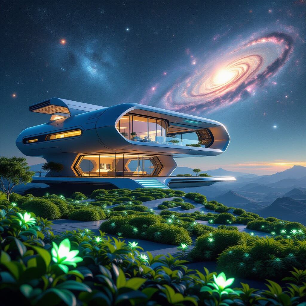Futuristic Space House with Glowing Garden