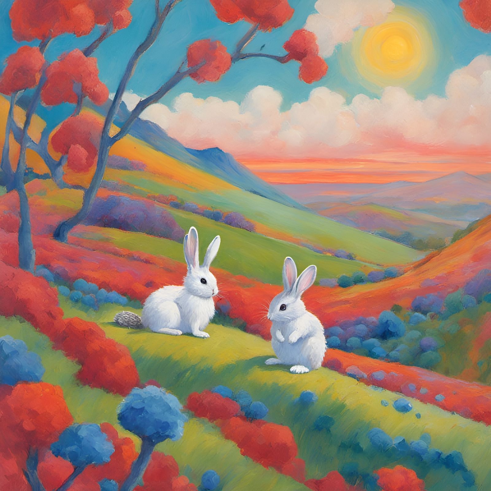 Rabbit and Hedgehog Chat on a Hill in Oil Paint