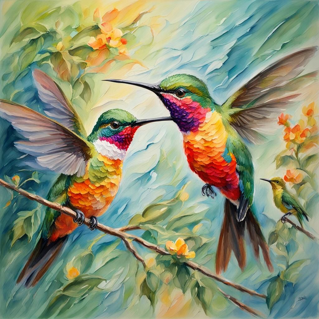 Hummingbirds Linked in Gouache Style