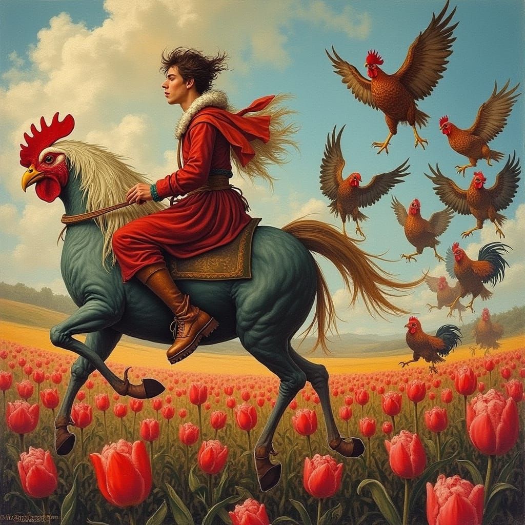 Man on Glass Bottle Pursued by Chickens, Dürer Style