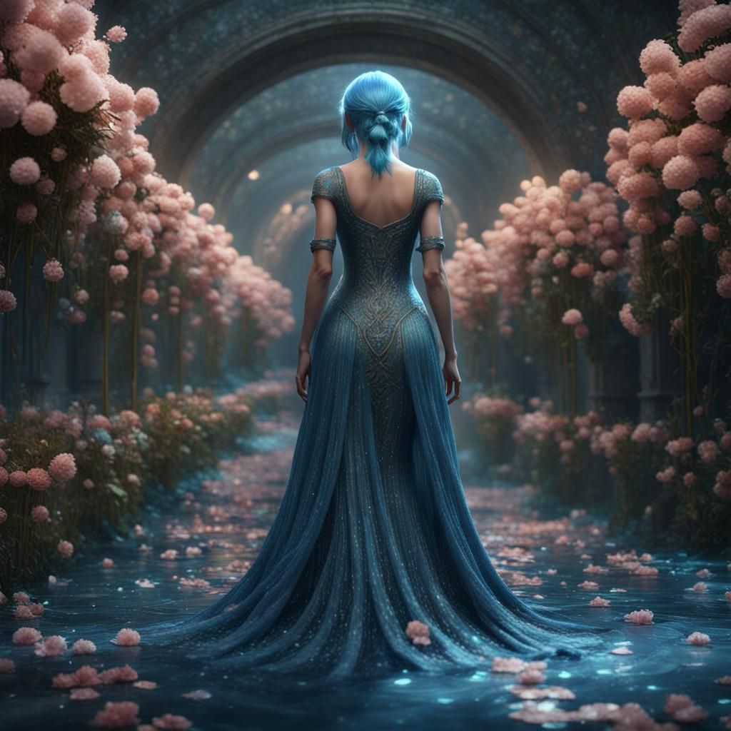 Blue-Haired Water Queen in Floral Tunnel: Fantasy Art