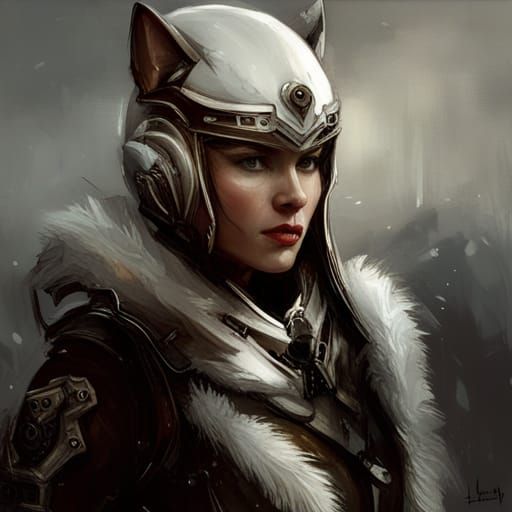 Armored Fox Woman in Snow: Digital Oil Painting