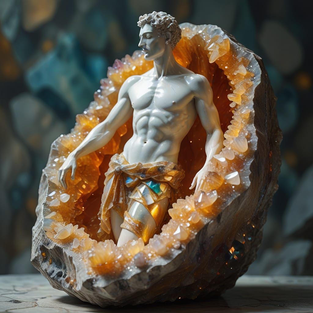 Luxurious Marble Statue Emerge from Geode in Vibrant Oil Pai...