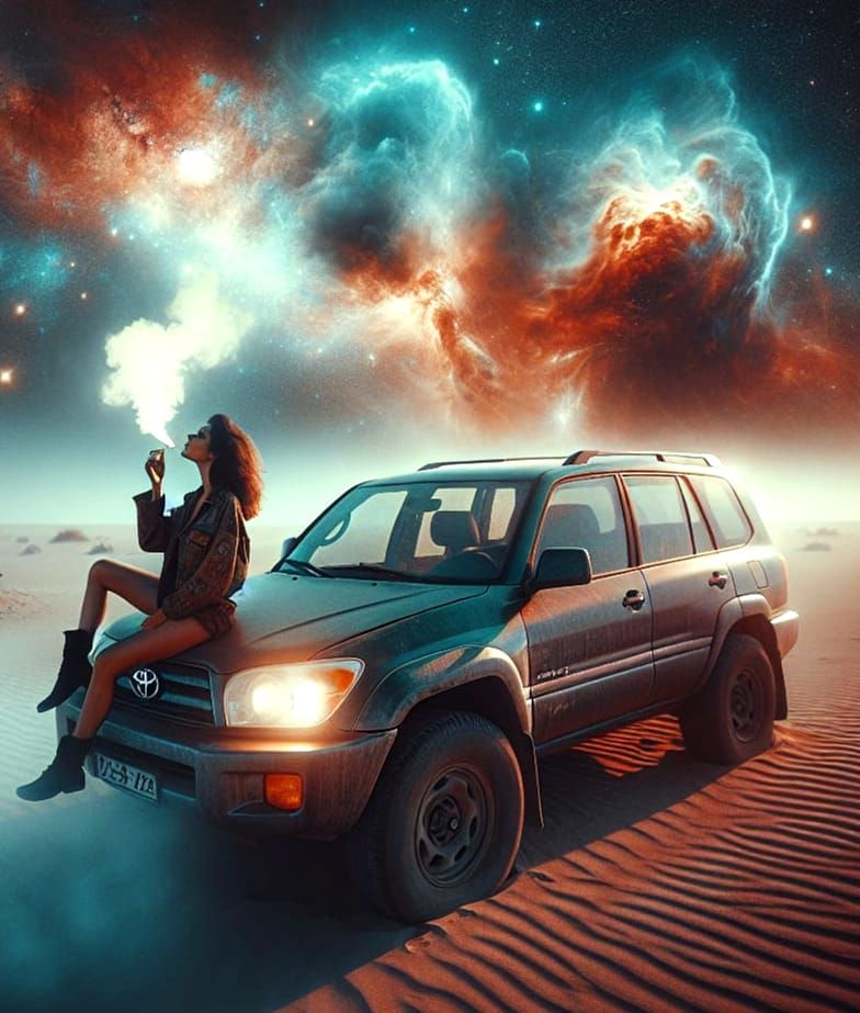 Desert Night: Woman with Car in 35mm Film Style