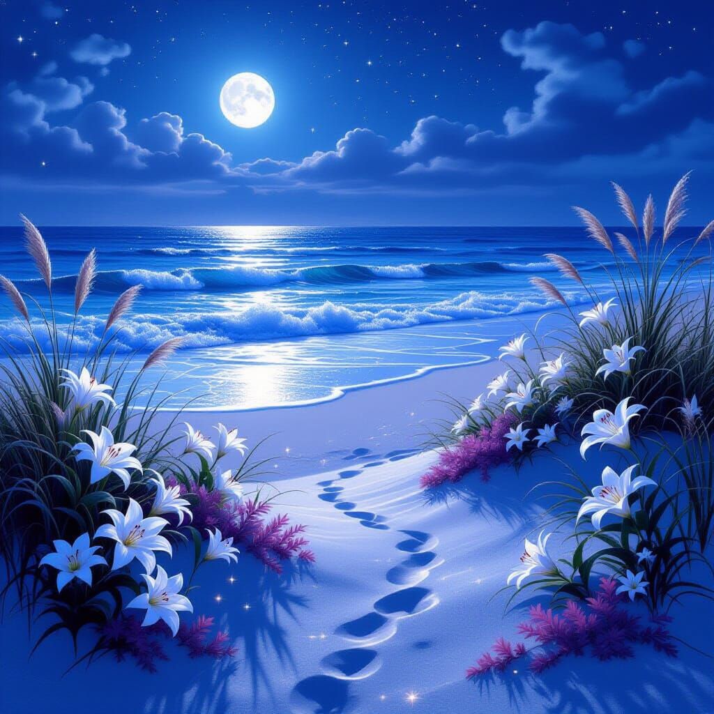 Bioluminescent Ocean Shore Under Starlight and Moonlight