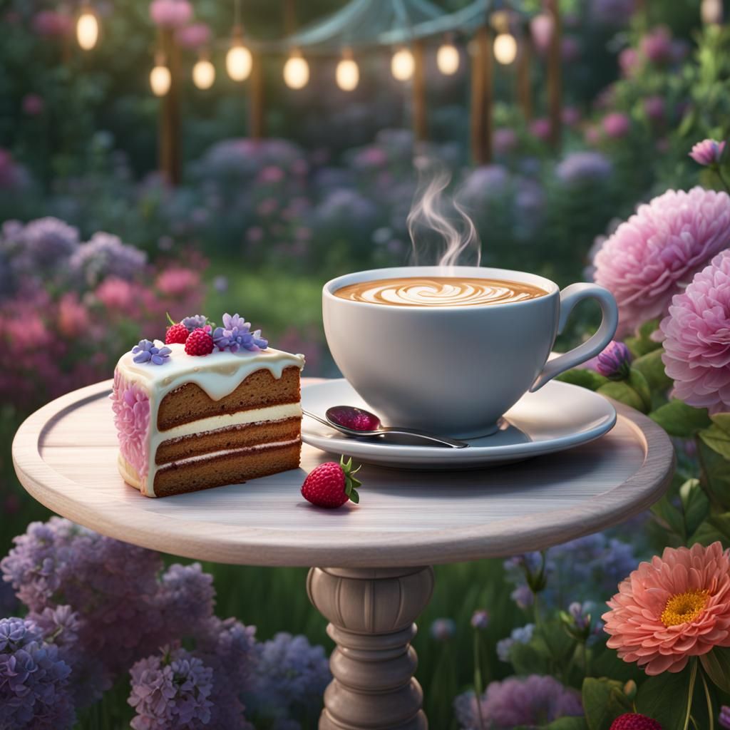 Coffee Latte Art in Garden, Detailed Matte Painting