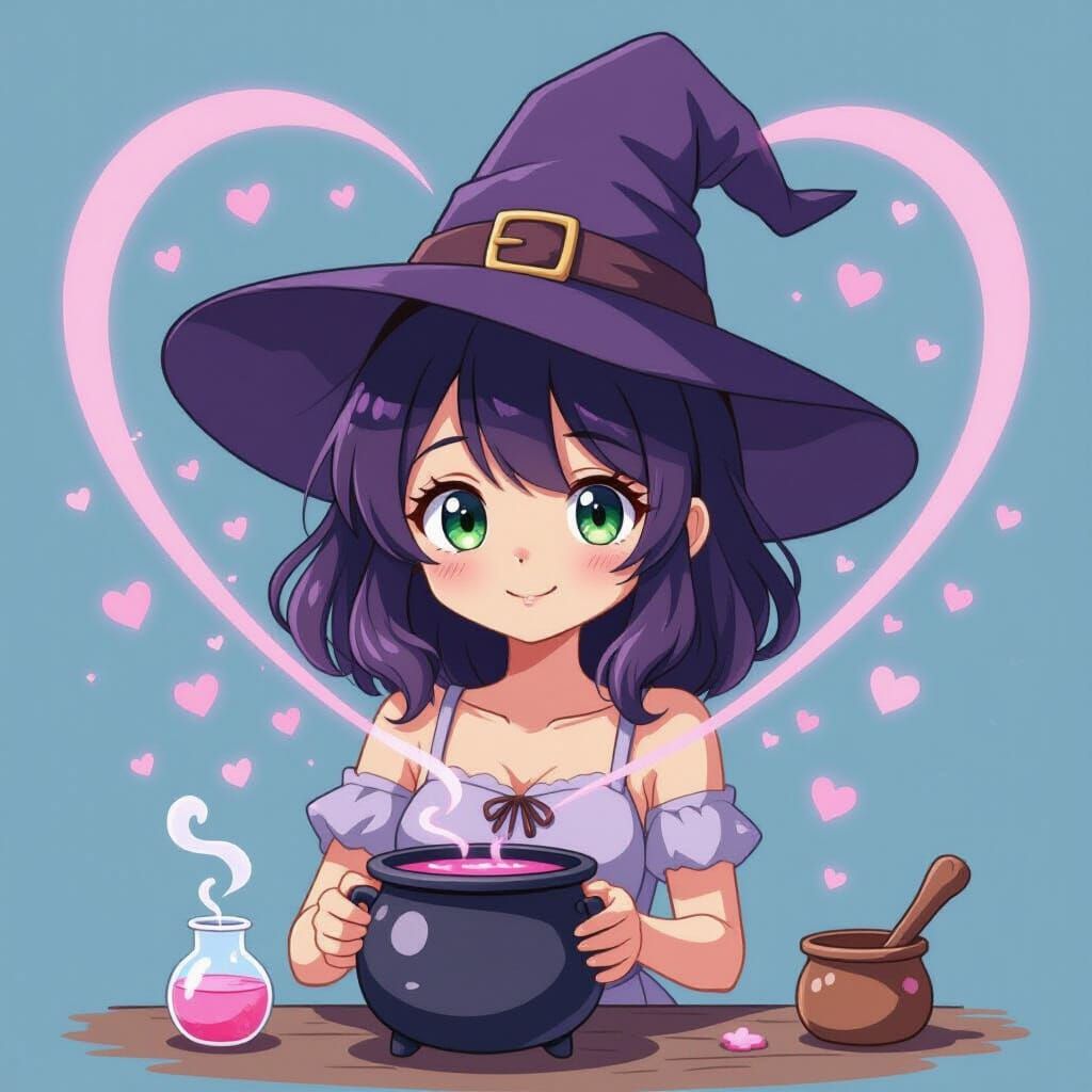 Cute Witch Brewing Pink Potion in Anime Style