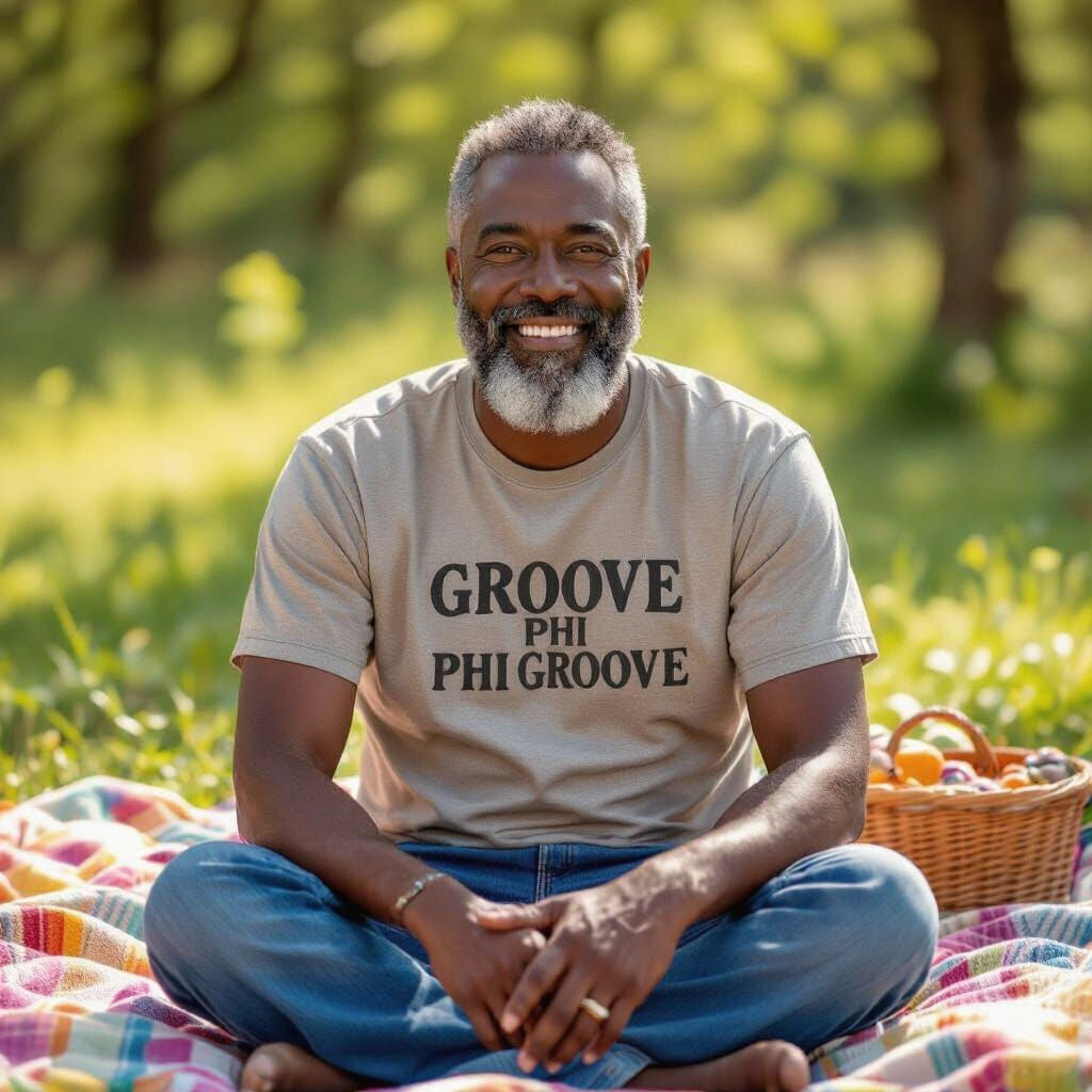 Black Man at Picnic Wearing Groove Phi Groove Shirt