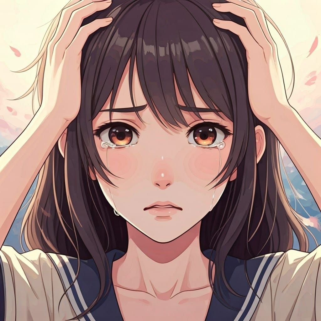 Sorrowful Anime Maiden in Distressed, Watercolor-Inspired Ar...