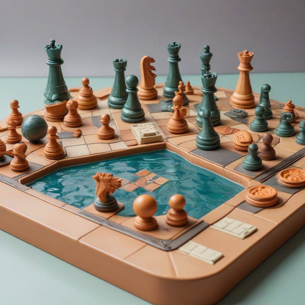Art Deco Surrealist Board Game with Pizza and Chess