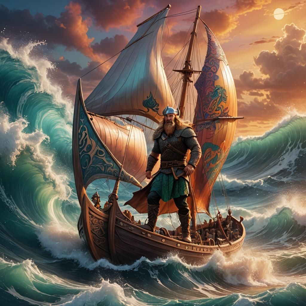 Viking Sailboat on Giant Wave at Sunrise