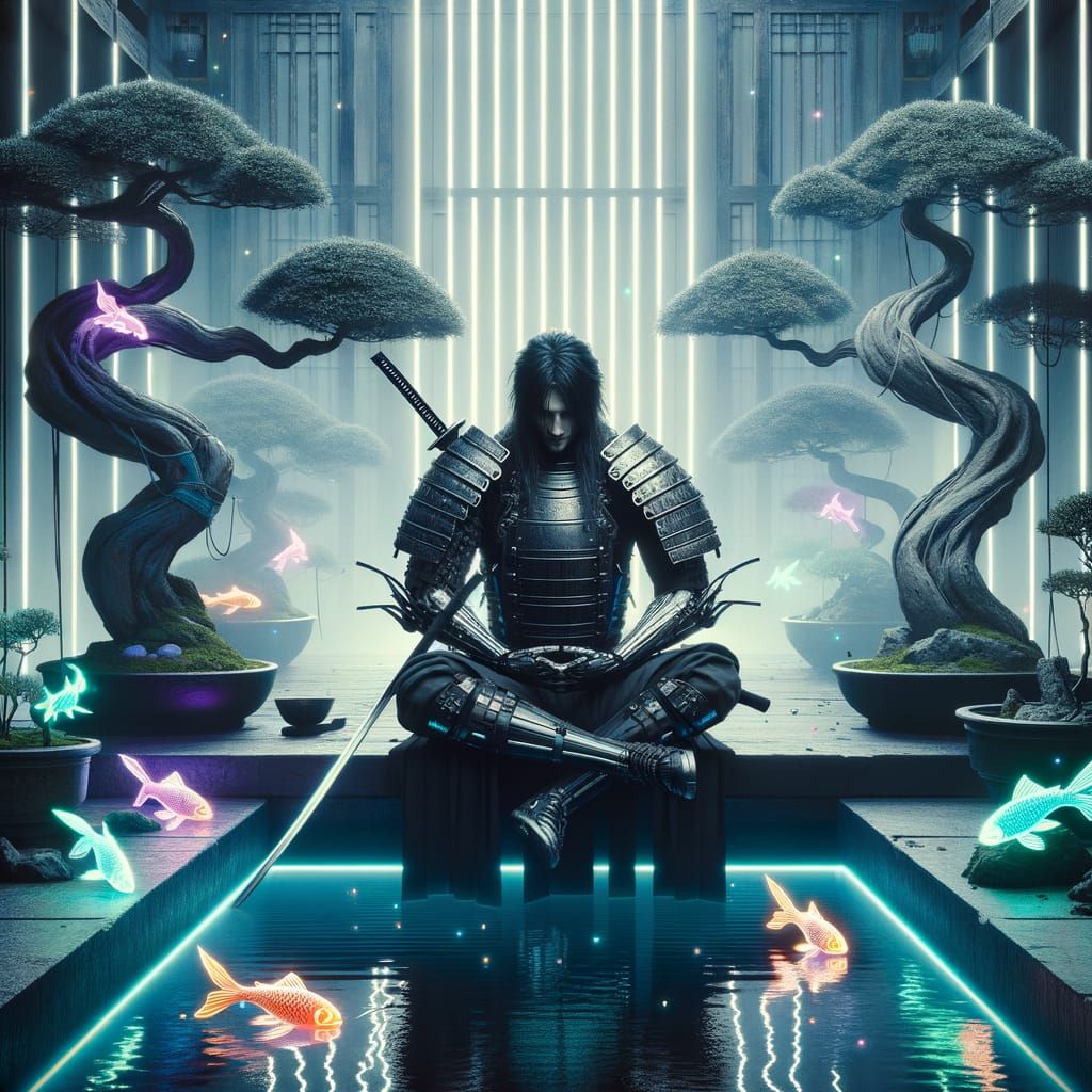 Gothic Samurai in Cyberpunk Garden