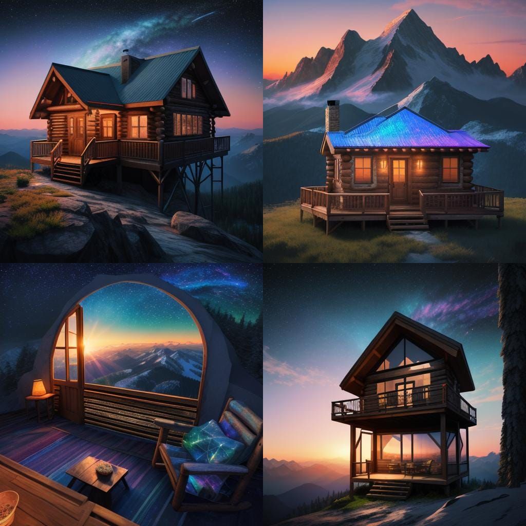 Mountain Cabin at Sunrise: Holographic Astral Illustration