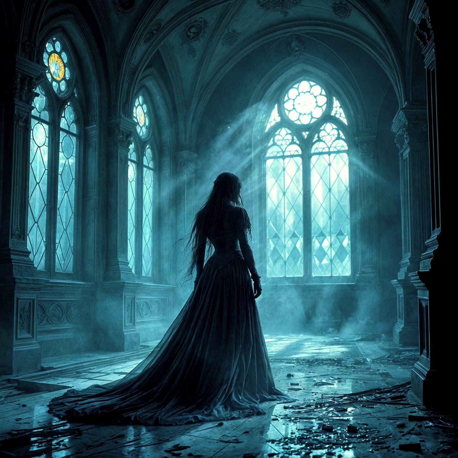 Spectral Figure in Decaying Gothic Ballroom