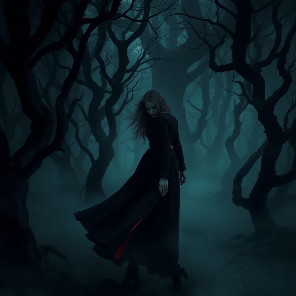 Mysterious Woman in Dark Forest, Fantasy Art