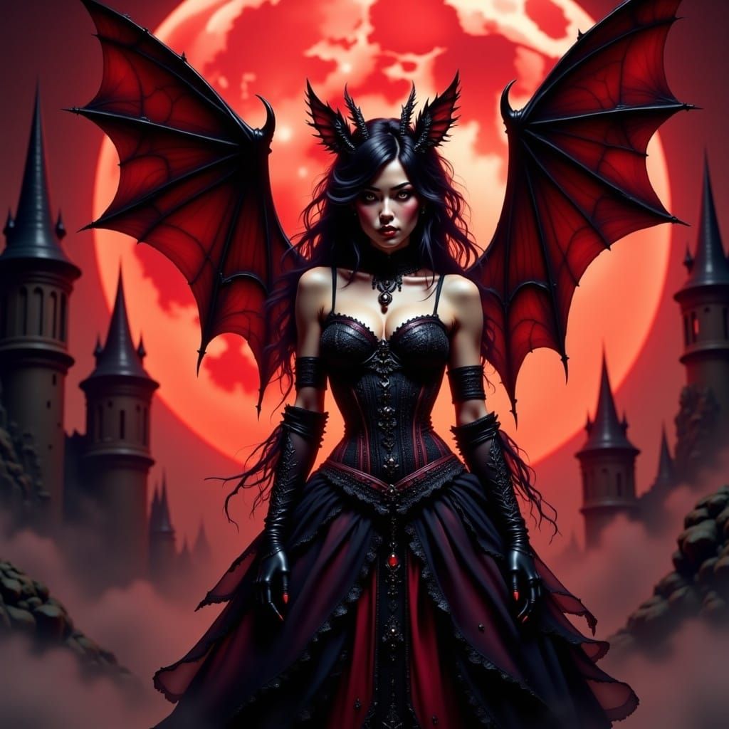 Gothic Figure with Crimson Moon in Dark Fantasy Style