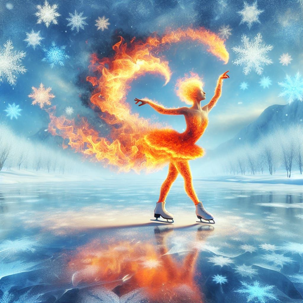 A graceful feminine figure skater made entirely of glowing f...