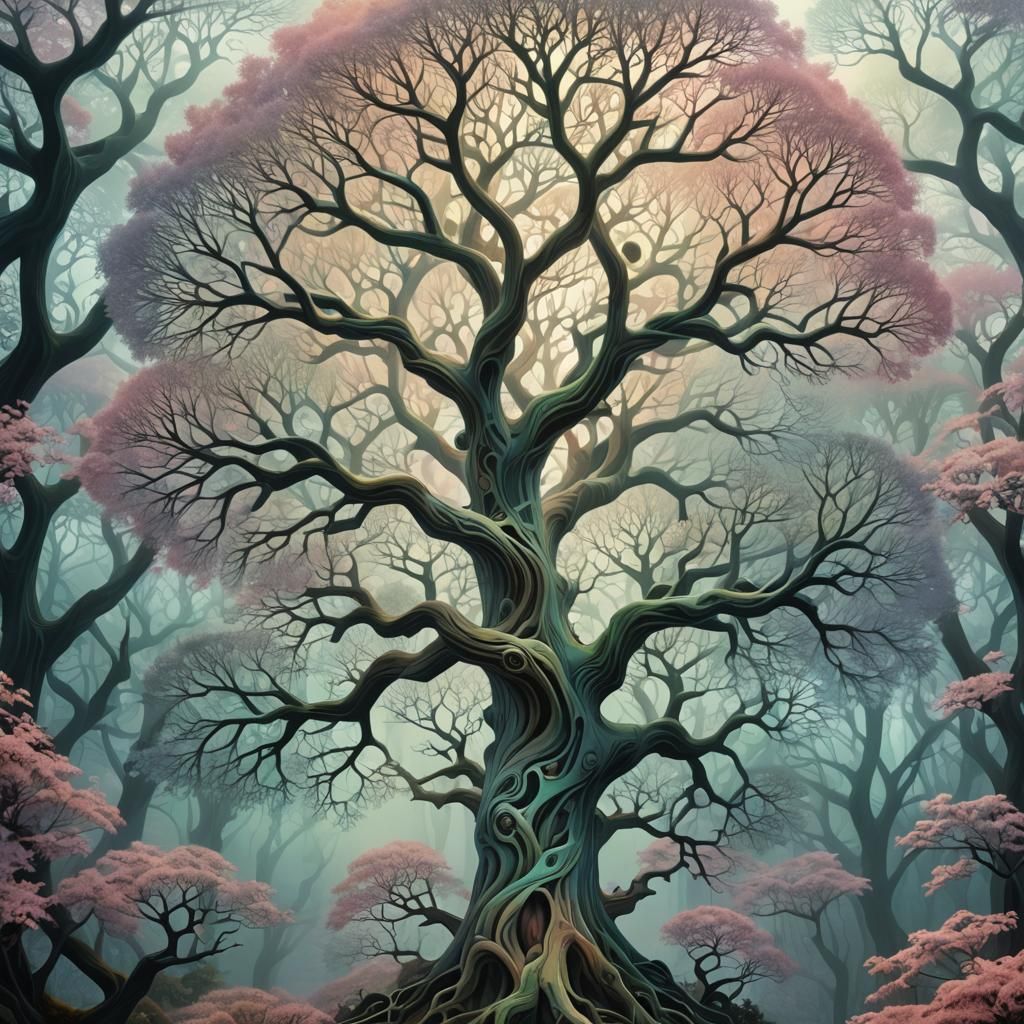 Escher-Inspired Fractal Tree in Dreamlike Forest