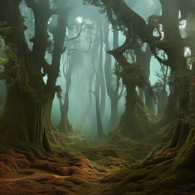 Colorful Enchanted Forest with Fantasy Creatures