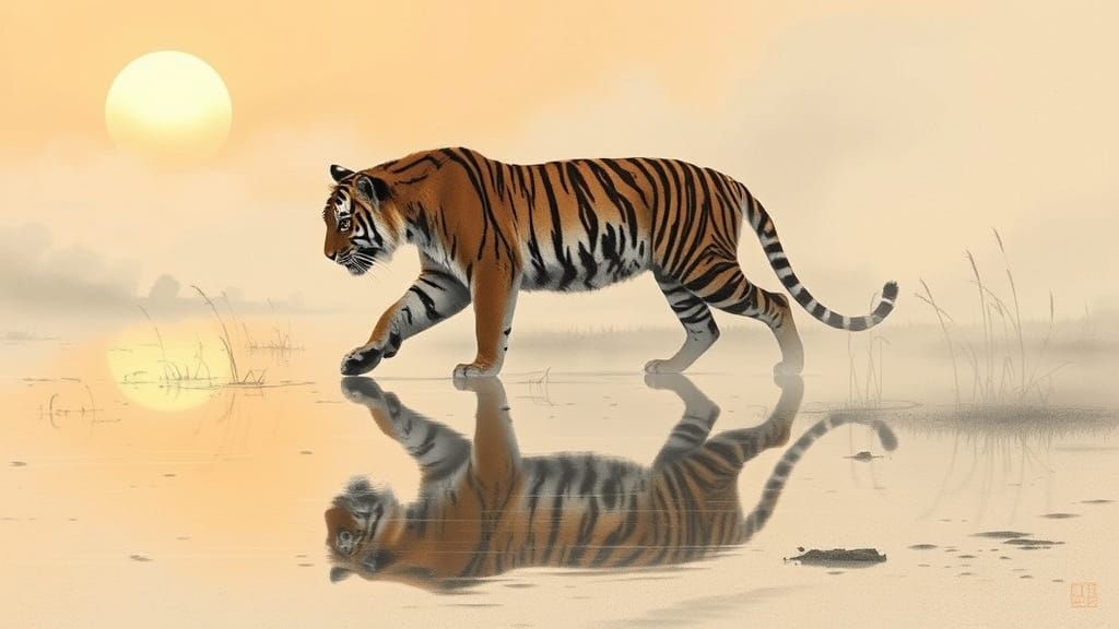 Tiger in Misty Marsh at Dawn: Ink Wash Style