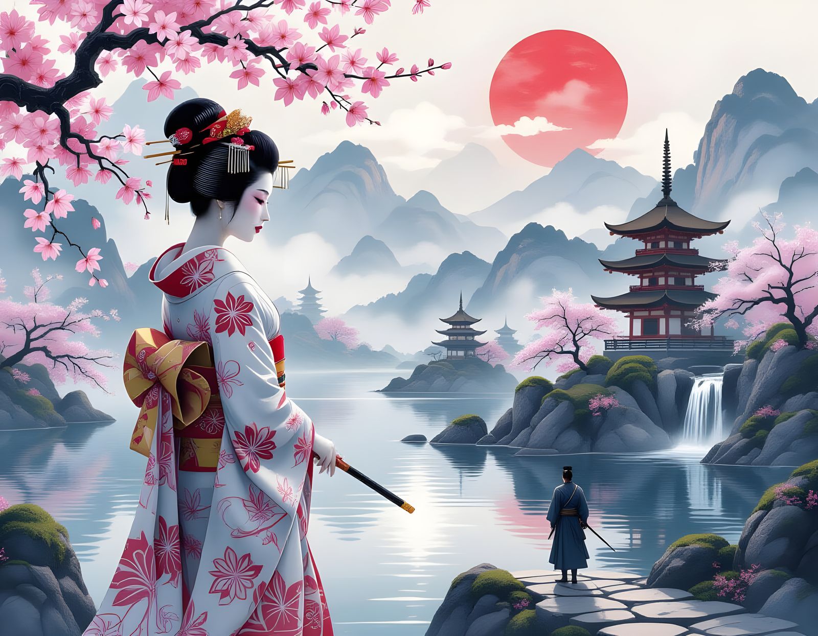 Mythical Geisha by Misty Lake with Ethereal Glow