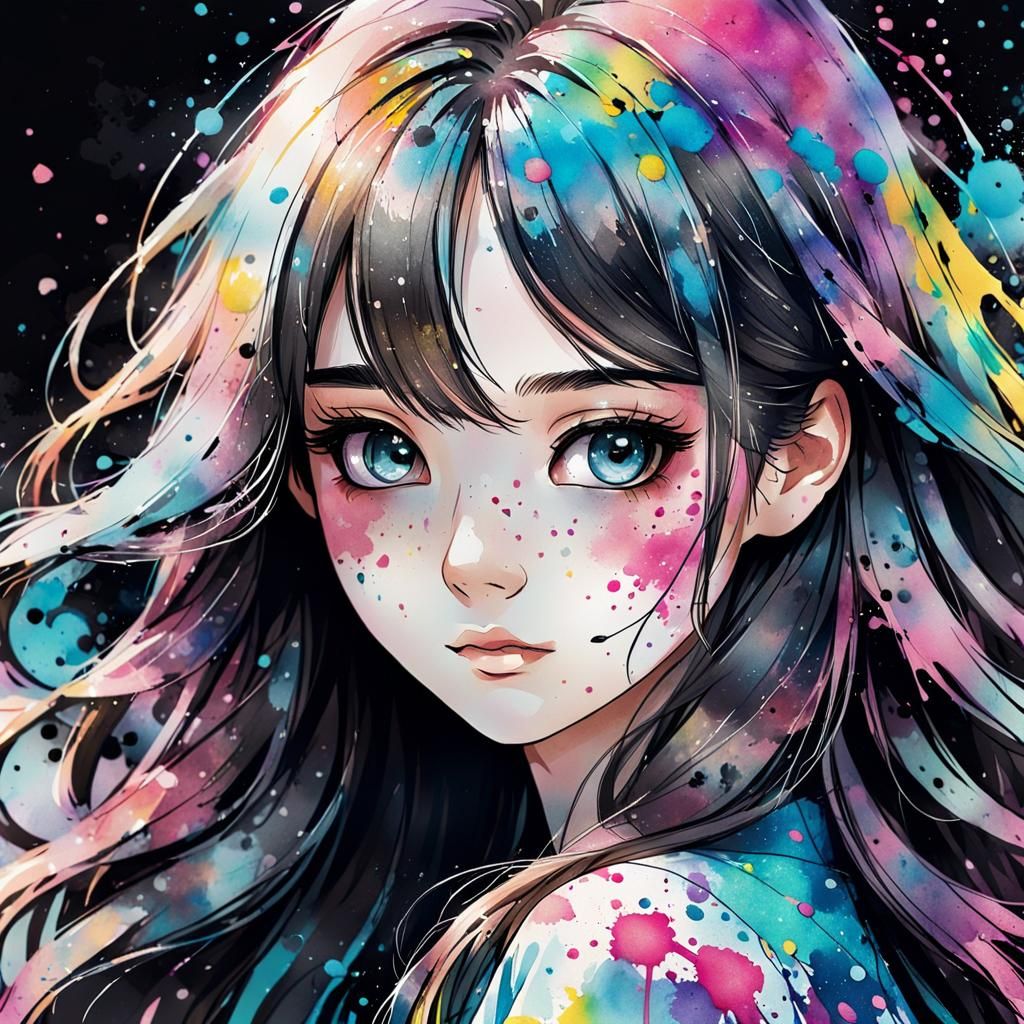 Splatter Ink Portrait of a Cute Girl in Anime Style