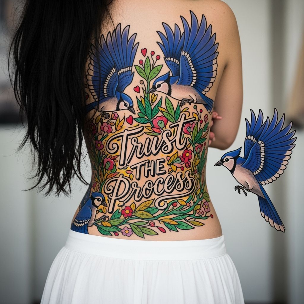 Whimsical Tattoo Art Featuring Blue Jays and Foliage