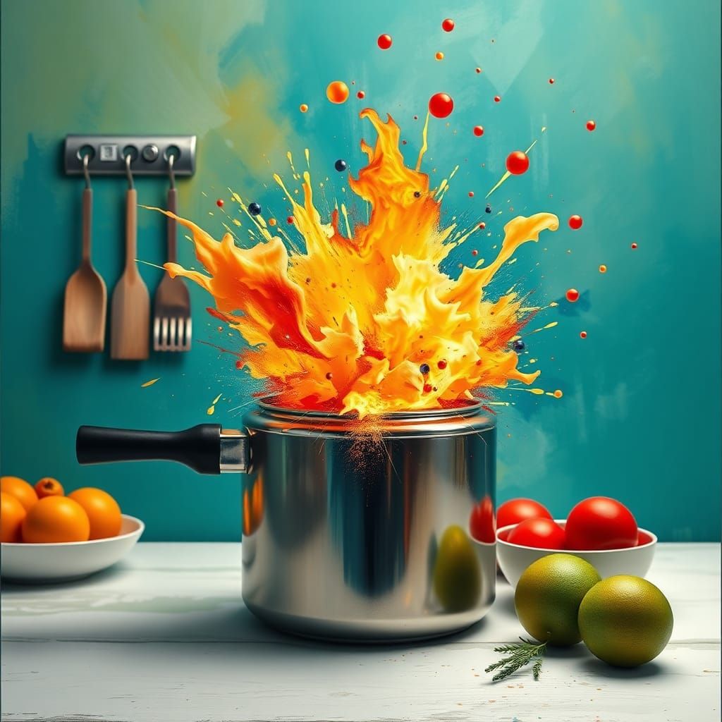 Exploding Pressure Cooker in Abstract Art Style