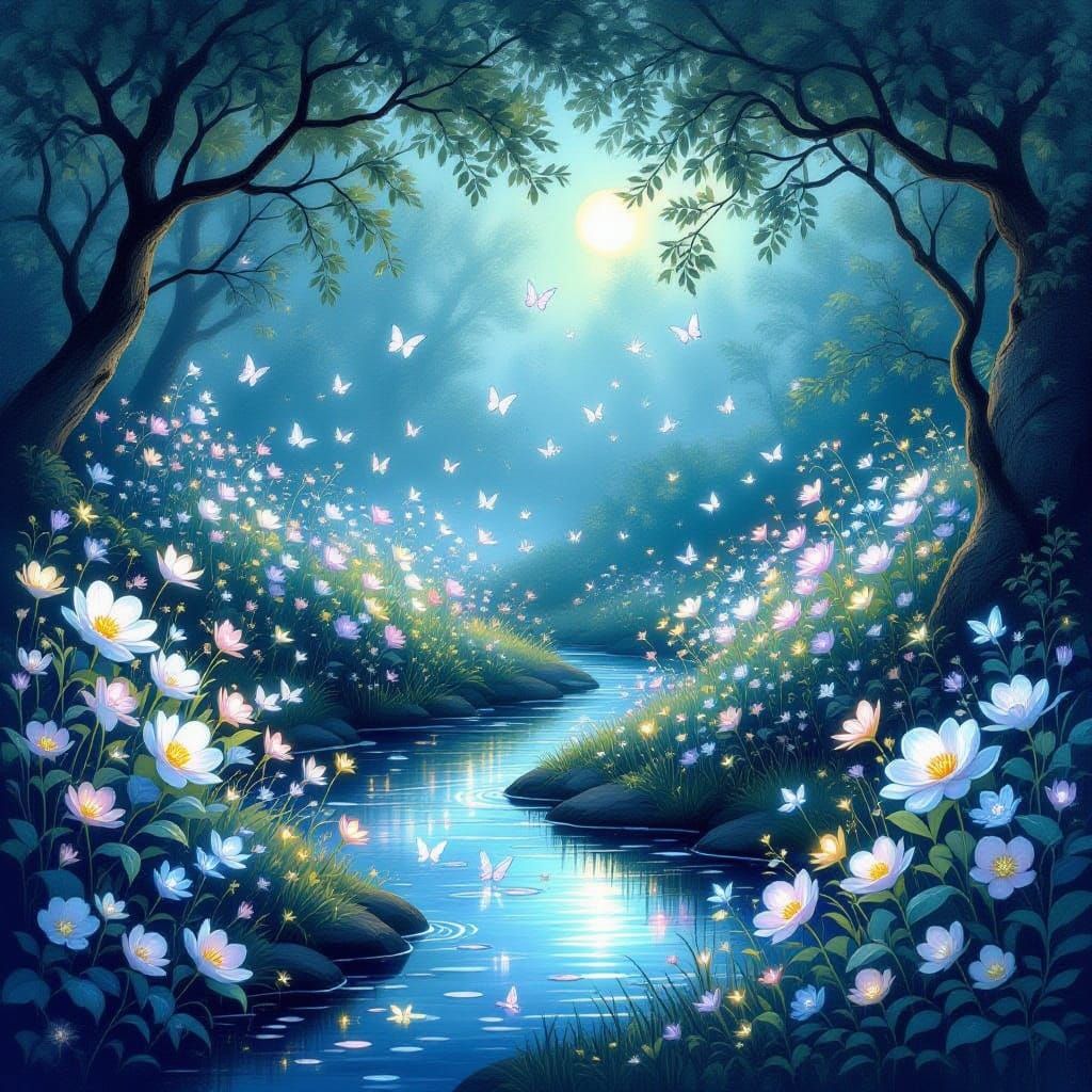 Enchanted Twilight Garden with Magical Flora and Fauna