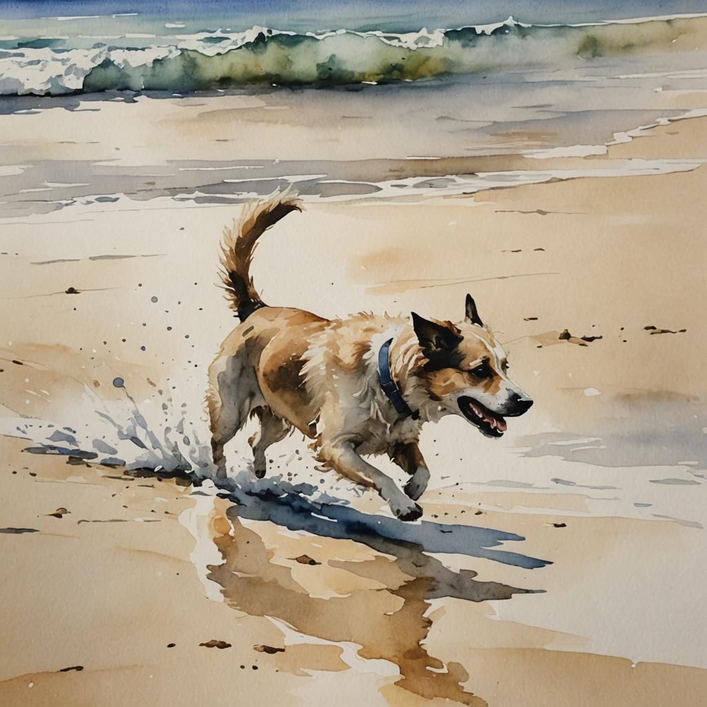 Watercolor Dog Running on Beach