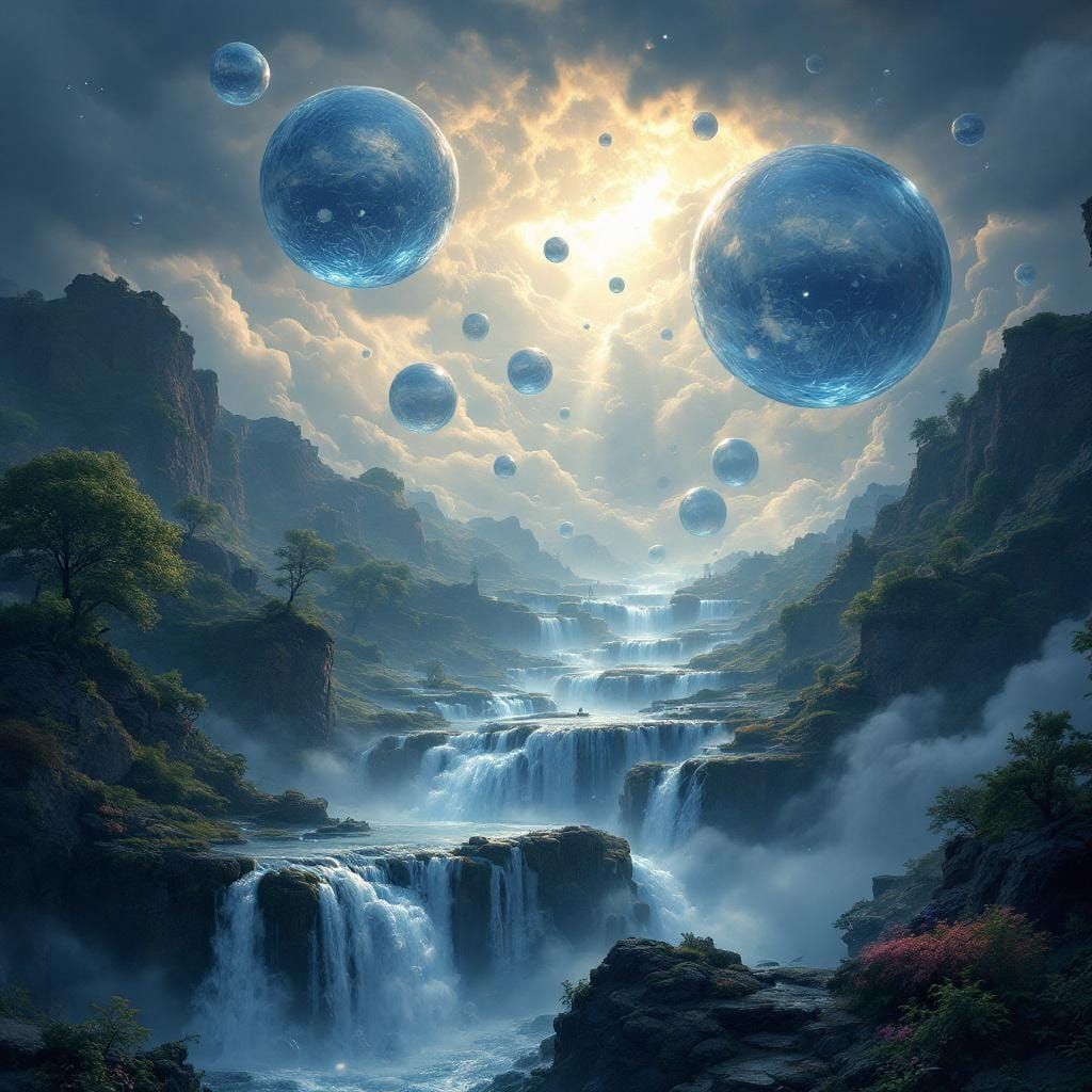 Enchanted Landscape with Sky Waterfalls: Digital Realism
