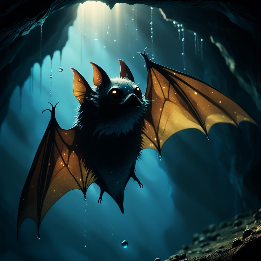 Water Bat in a Misty Cave, Cinematic Still
