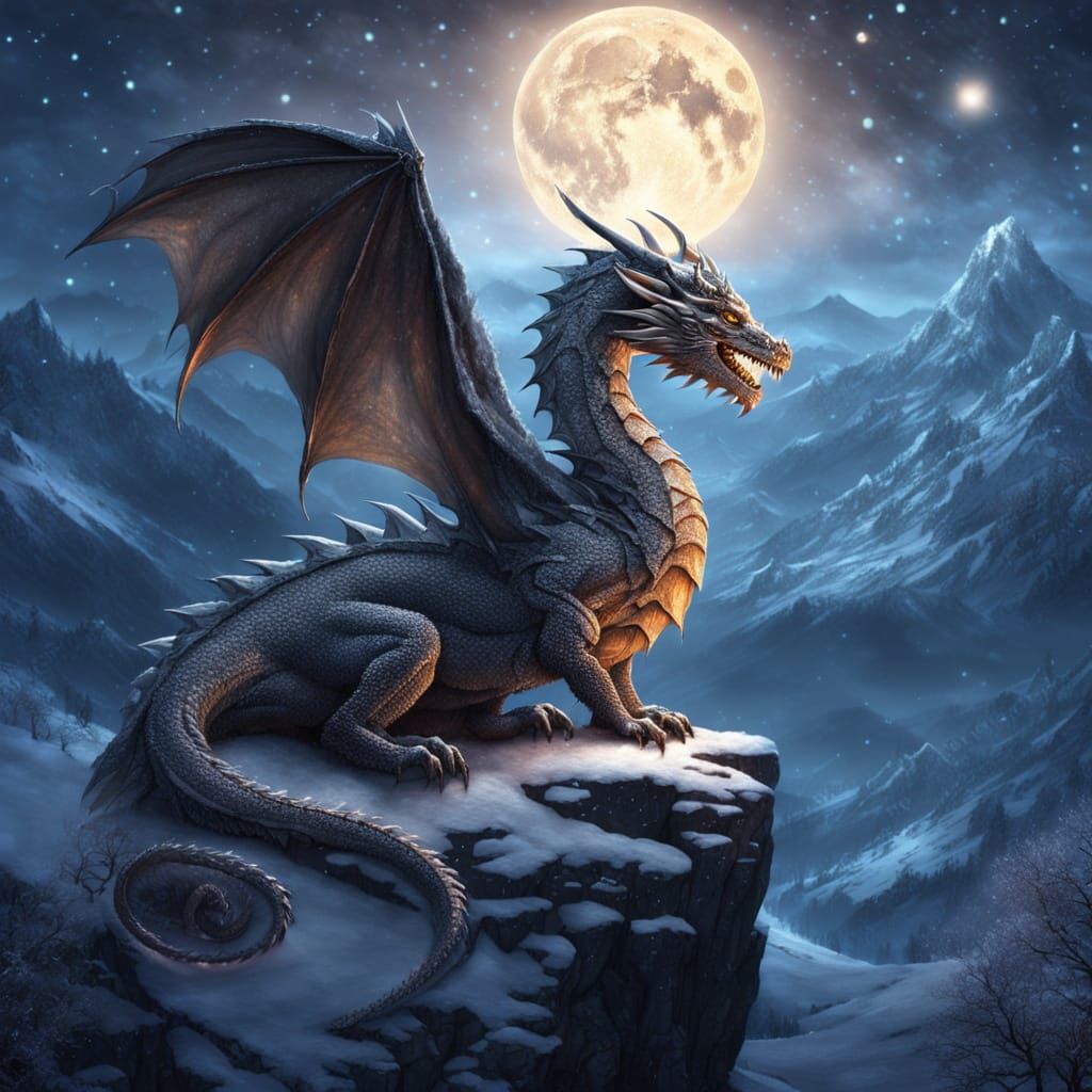 A majestic dragon resting on a mountaintop under a starlit sky, fully grown-up version
